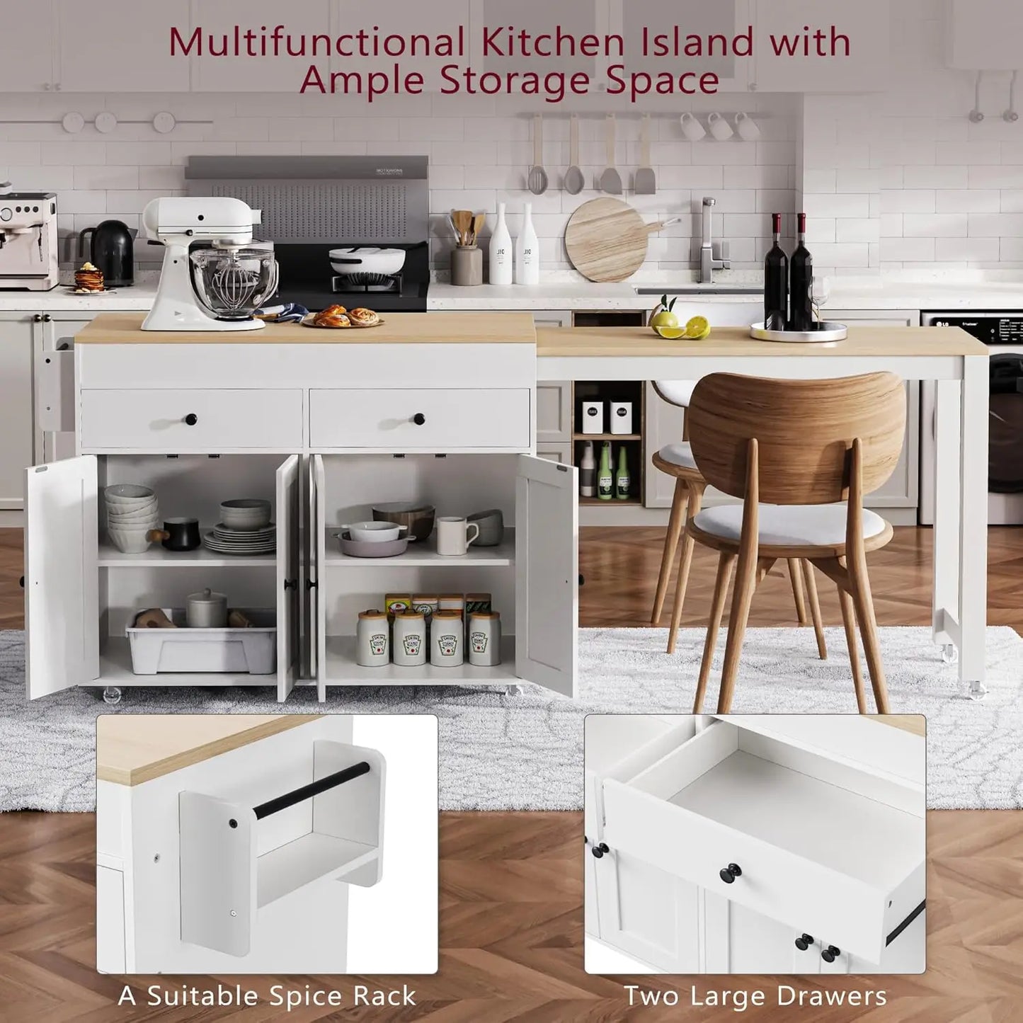 Extendable Kitchen Island With Rolling Cart And Spice Rack