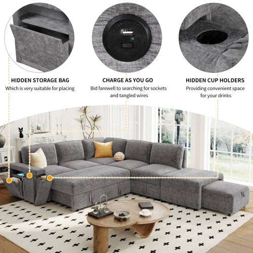 L-Shaped Padded Modular Sofa With Storage USB Ports Cup Holders