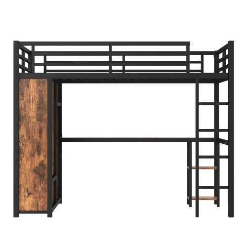 Loft Bed Frame With Builtin Wardrobe Desk And Shelves Woodgrain