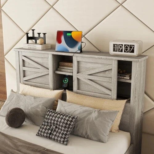 Farmhouse Platform Bed With Double Sliding Door Storage Charging Station