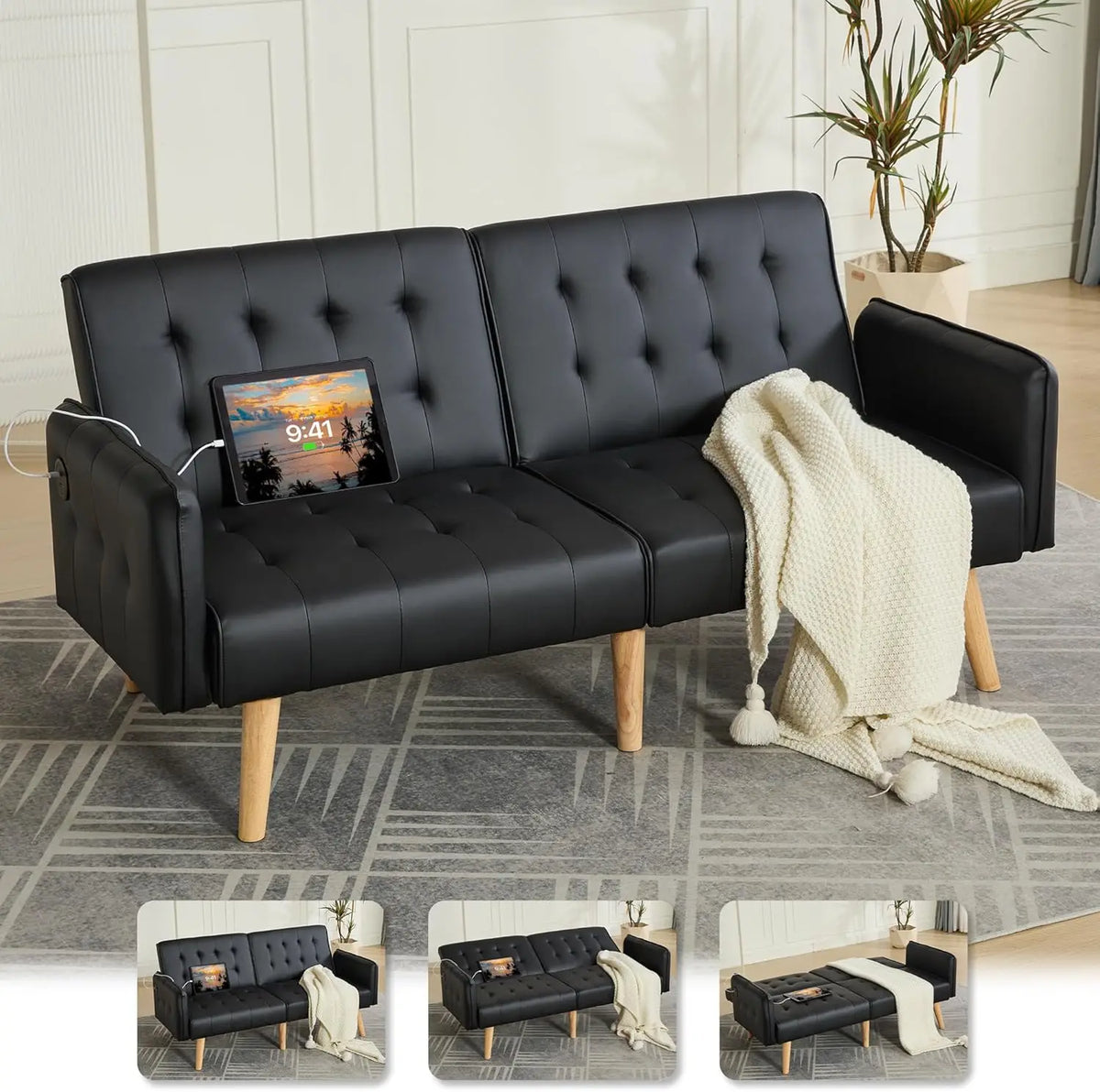 TYBOATLE Modern Tufted Adjustable Futon Sofa Bed With USB Ports