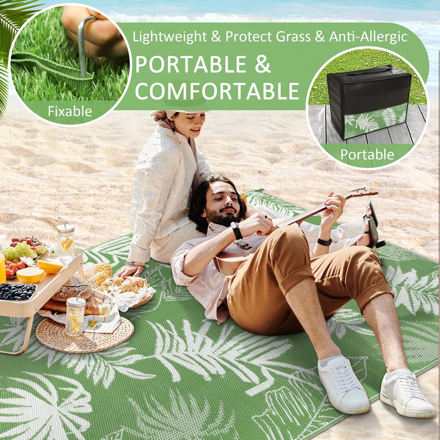 Waterproof Outdoor Polypropylene Rug Leaves Pattern Recycled For Patio