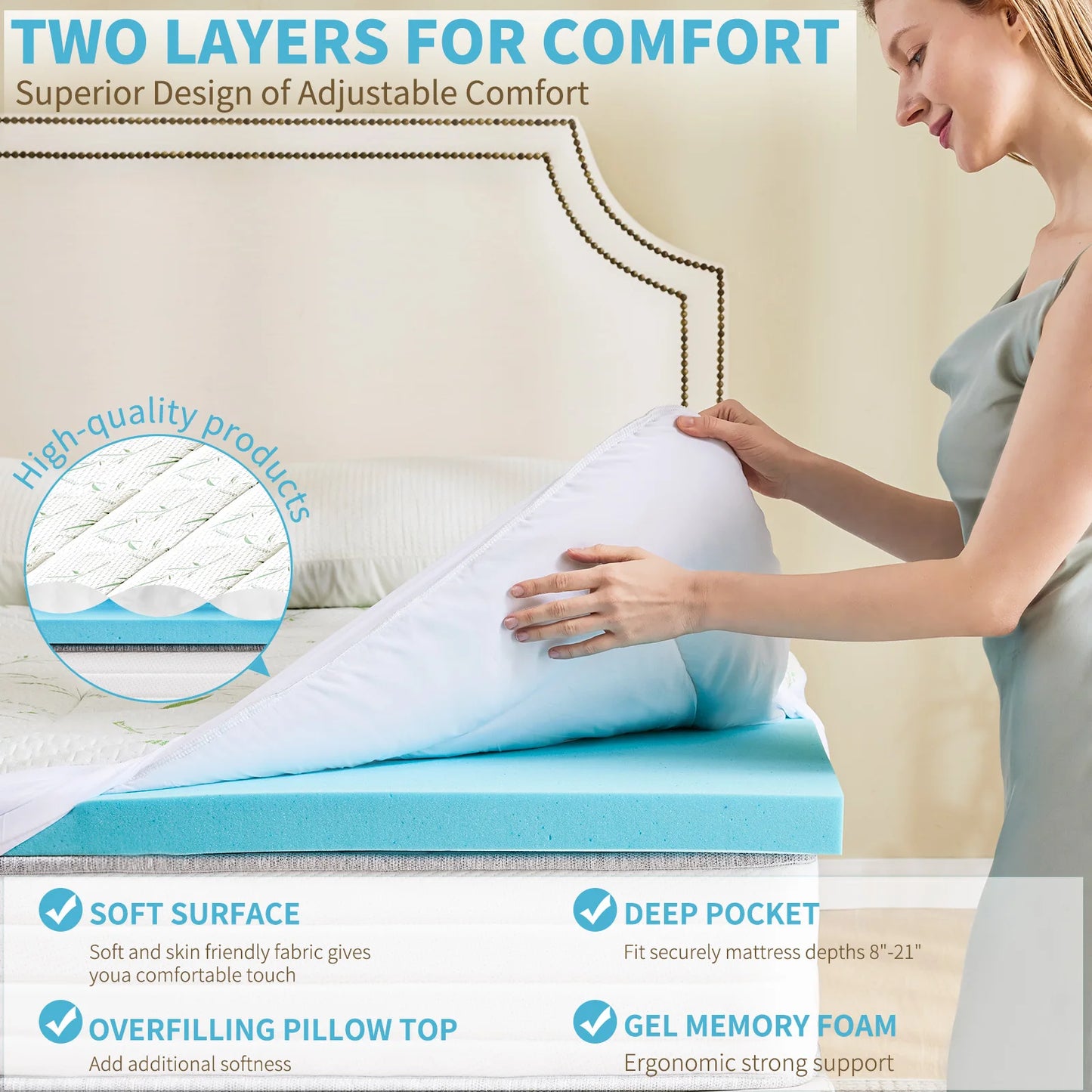 JHK Gel Memory Foam Mattress Topper Dual Layer Cooling Ventilated