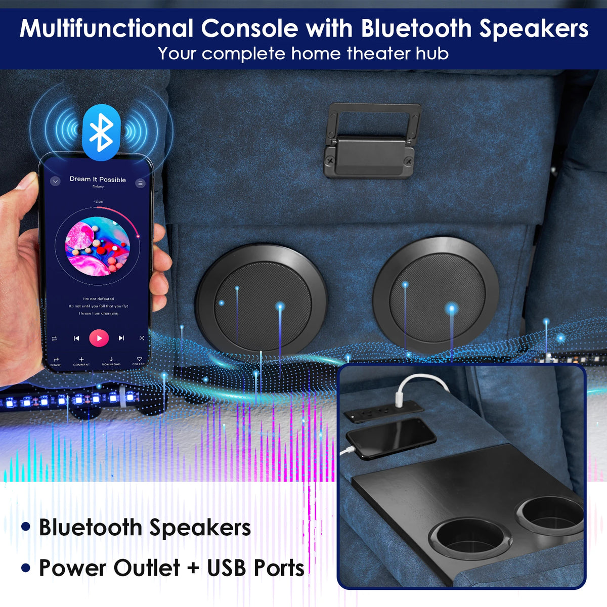 Manual Recliner Sofa With Massage Heating And Bluetooth Console