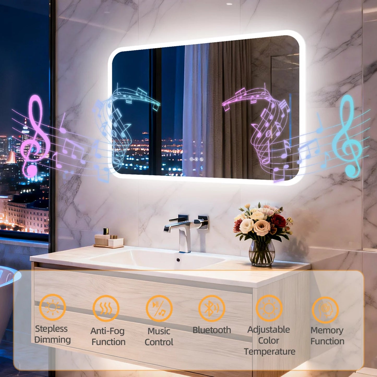 Rectangle LED Bathroom Mirror With Bluetooth Speaker Anti Fog Backlight Dimmable