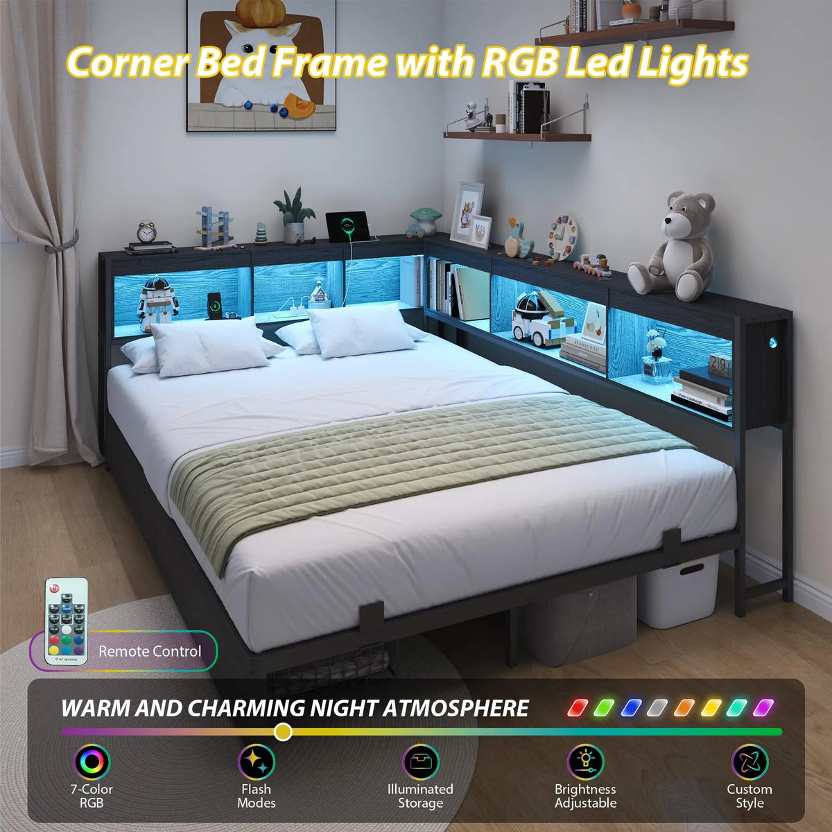 HiMISS Corner Bed Frame With Bookcase Headboard And LED Lights