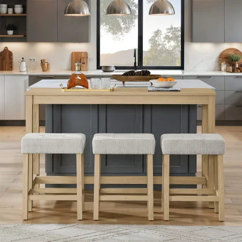 Solid Wood And MDF Dining Table Set With Upholstered Stools
