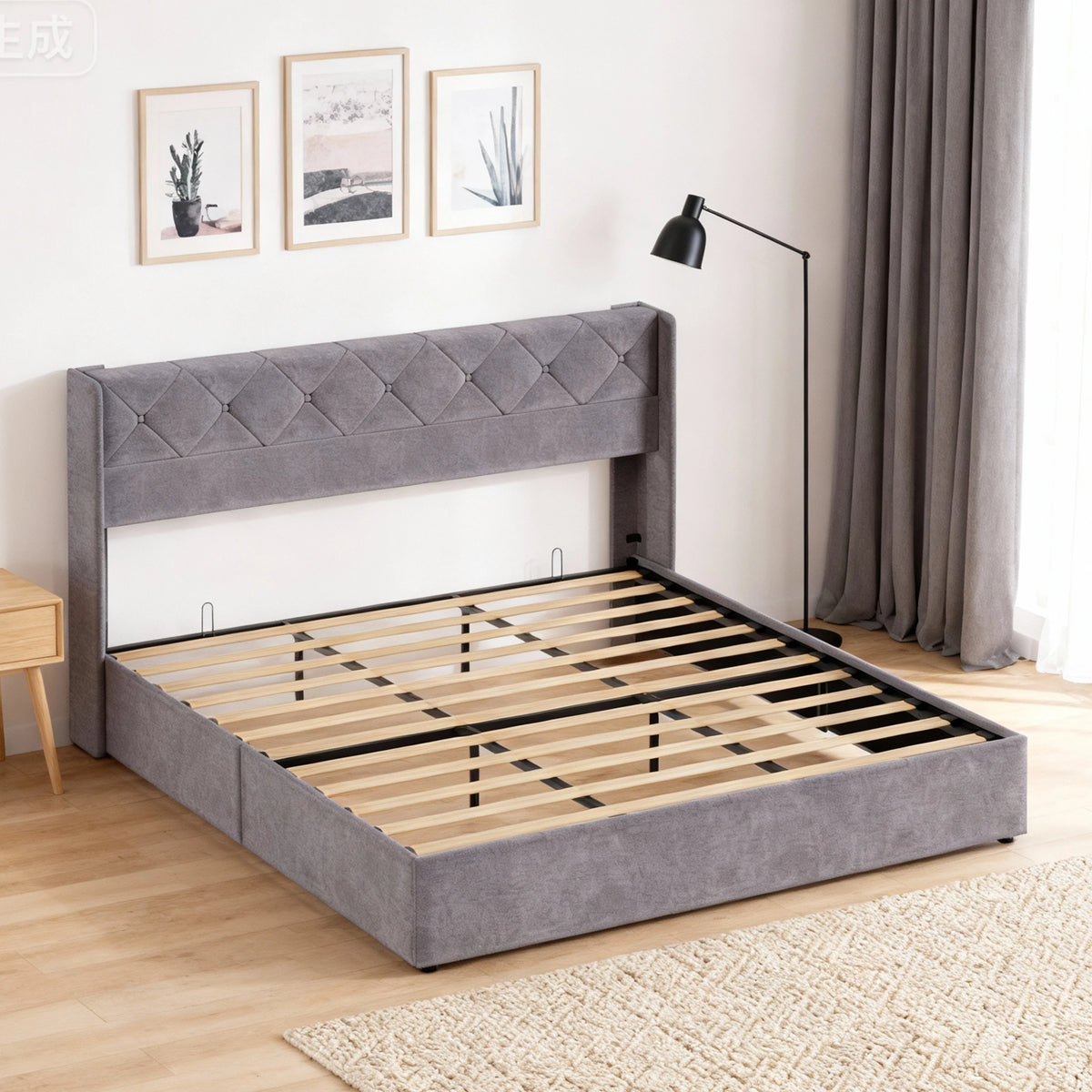 MCQ Lift Up Storage Bed Frame With Wingback Upholstered Headboard