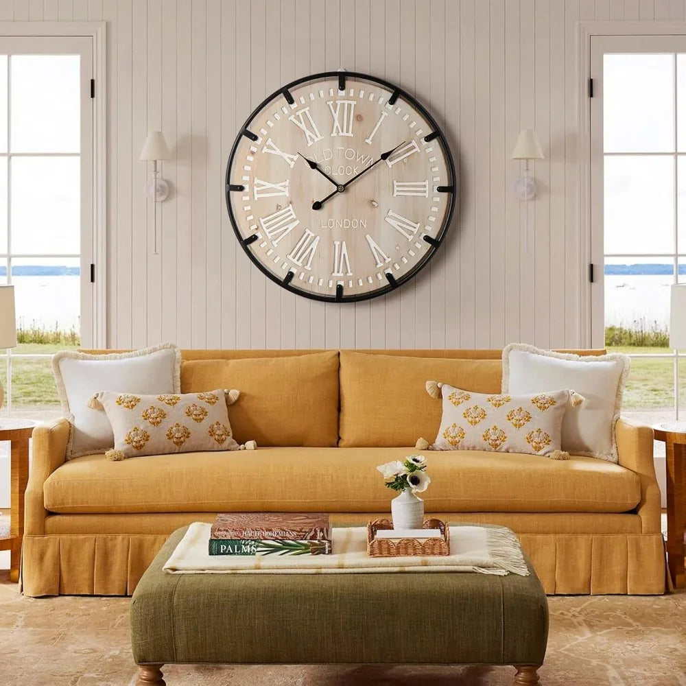 Farmhouse Rustic Wall Clock With Metal Circle Silent Analog Design