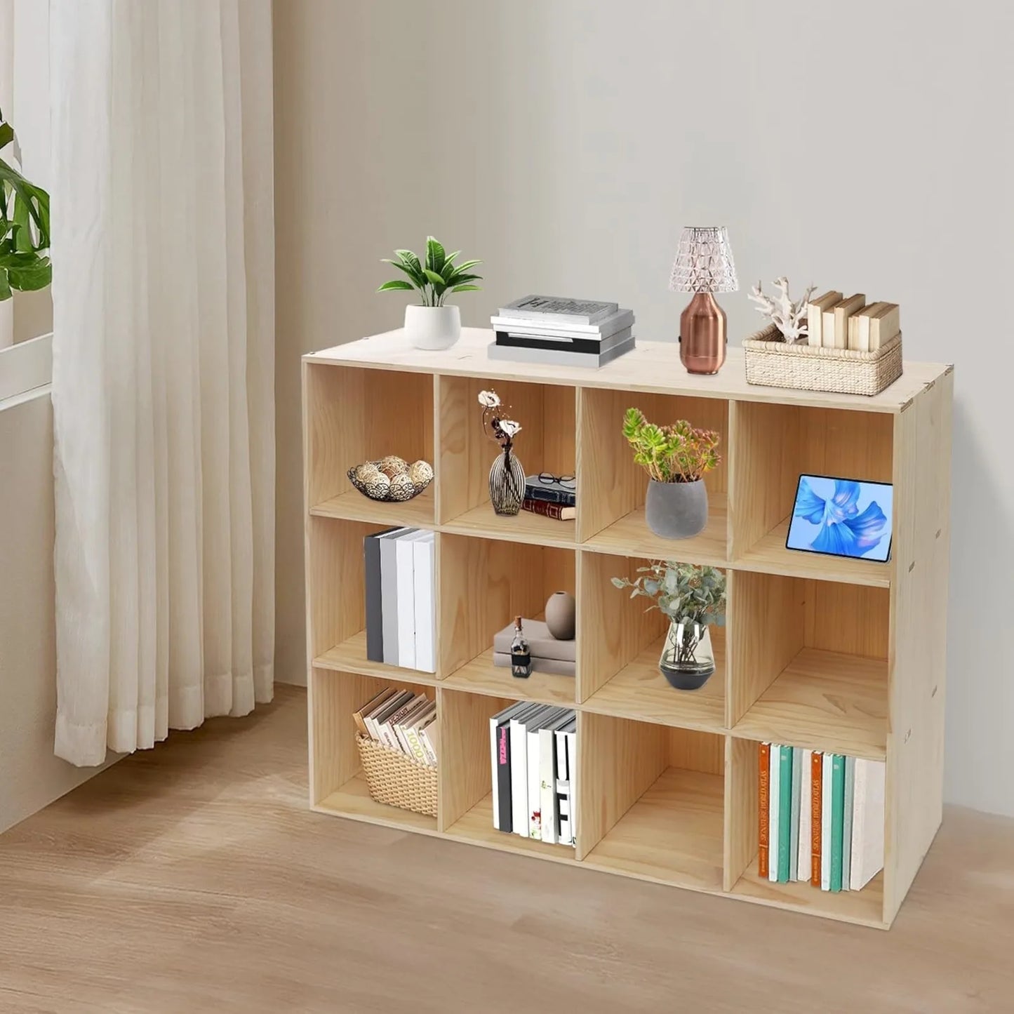 12 Cube Storage Organizer Wood Bookshelf For Home Library
