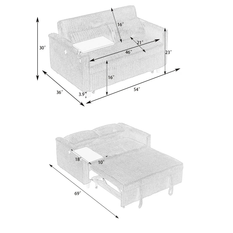 Corduroy Sofa With Pull Out Desk And Usb Port For Living Room