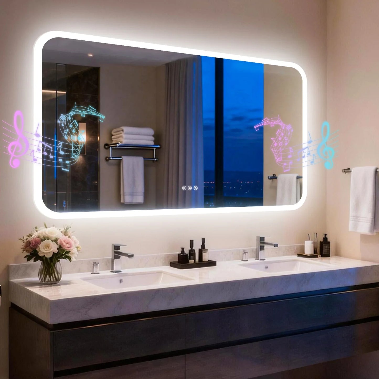 Rectangle LED Bathroom Mirror With Bluetooth Speaker Anti Fog Backlight Dimmable