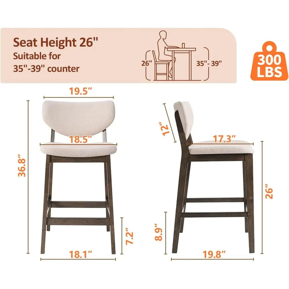 Upholstered Counter Height Bar Stools With Backrests And Wood Legs