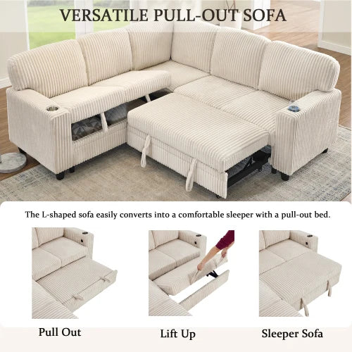 L Shaped Sectional Sofa Bed With USB Charging And Storage