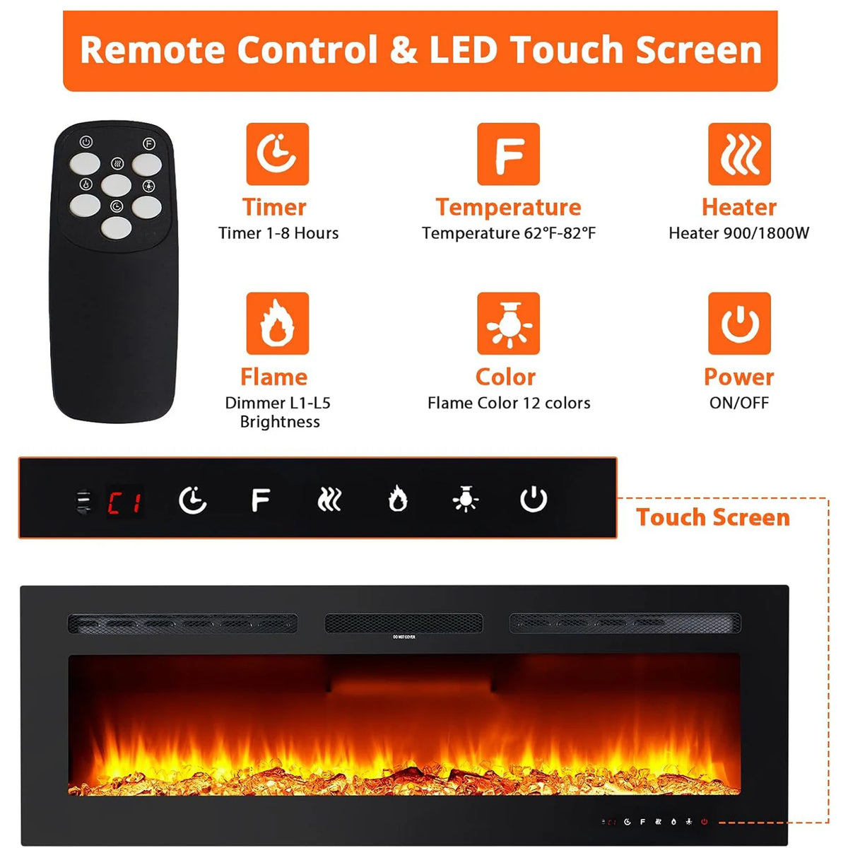 Acekool Wall Mounted Electric Fireplace With 3D Flame Effects Remote Control