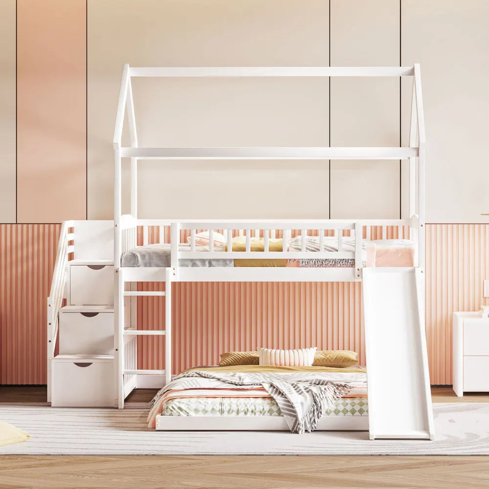 Twin Over Full House Bunk Bed With Slide Pine Frame