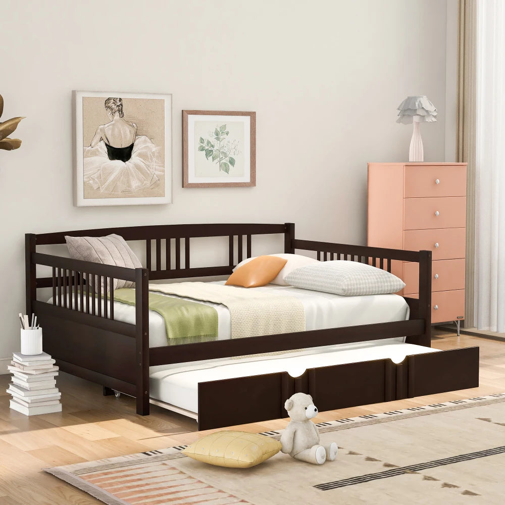 Solid Wood Daybed With Trundle Bed Frame For Bedroom