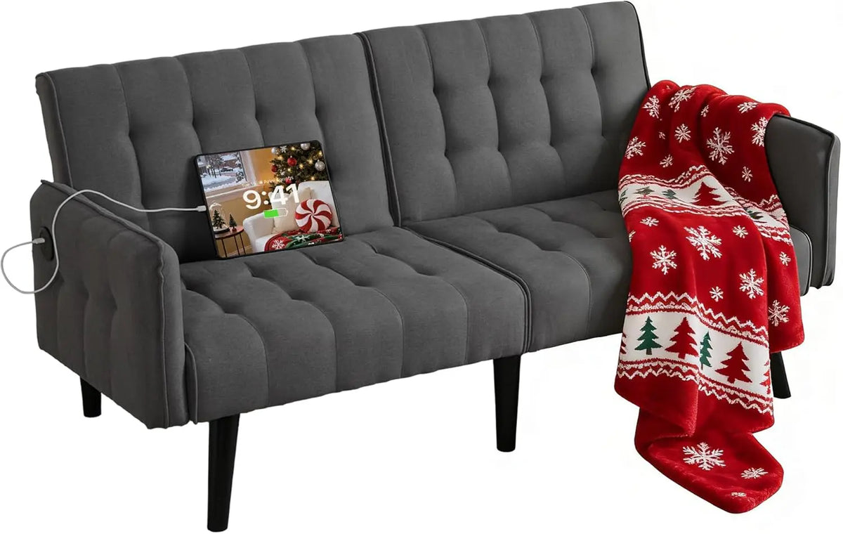 TYBOATLE Modern Tufted Adjustable Futon Sofa Bed With USB Ports