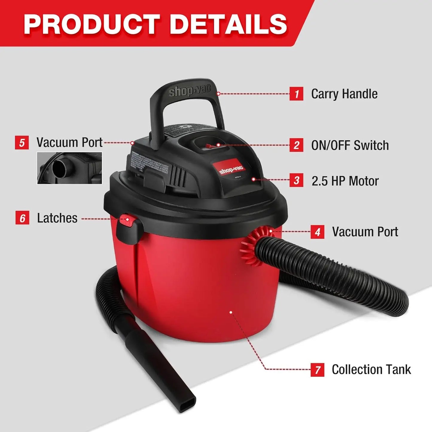 XMSJ 2.5 Peak HP Wet Dry Vacuum Portable Collapsible Handle