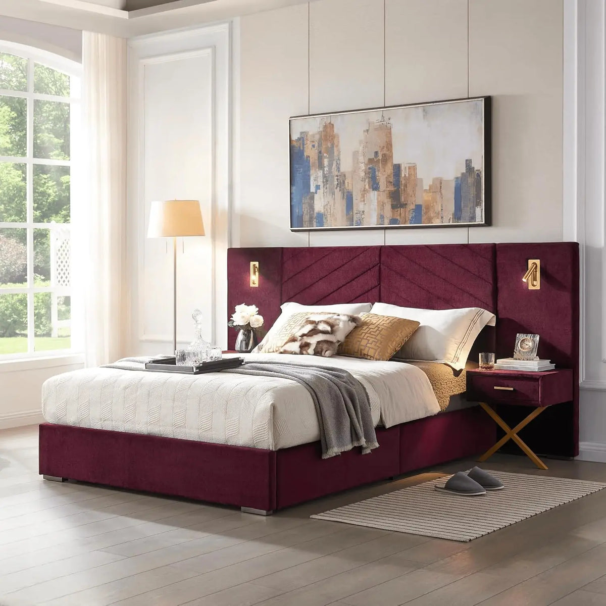 DIGGERA Upholstered Platform Bed Frame With LED Lights And Nightstands