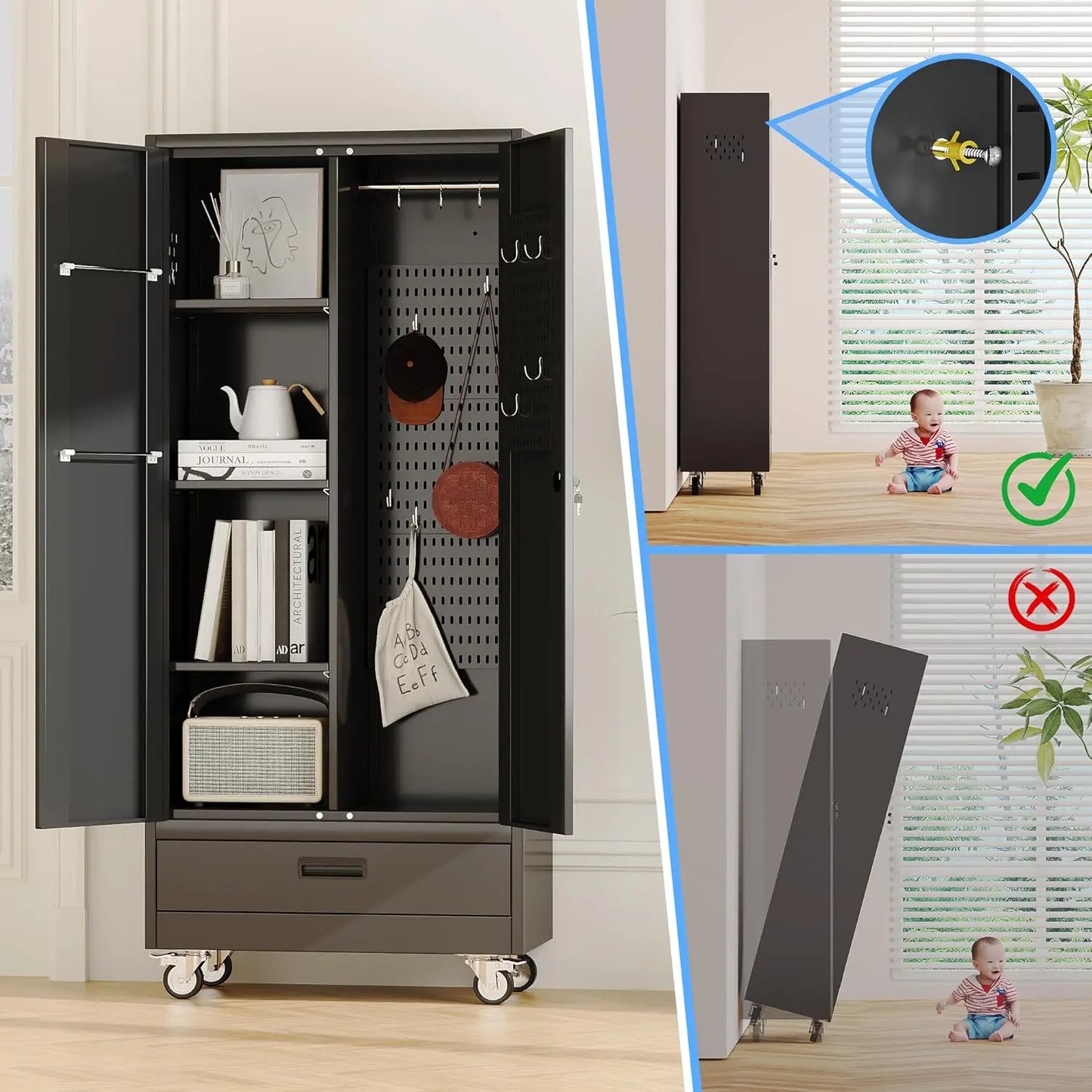 GELU Metal Garage Storage Cabinet On Wheels With Shelves