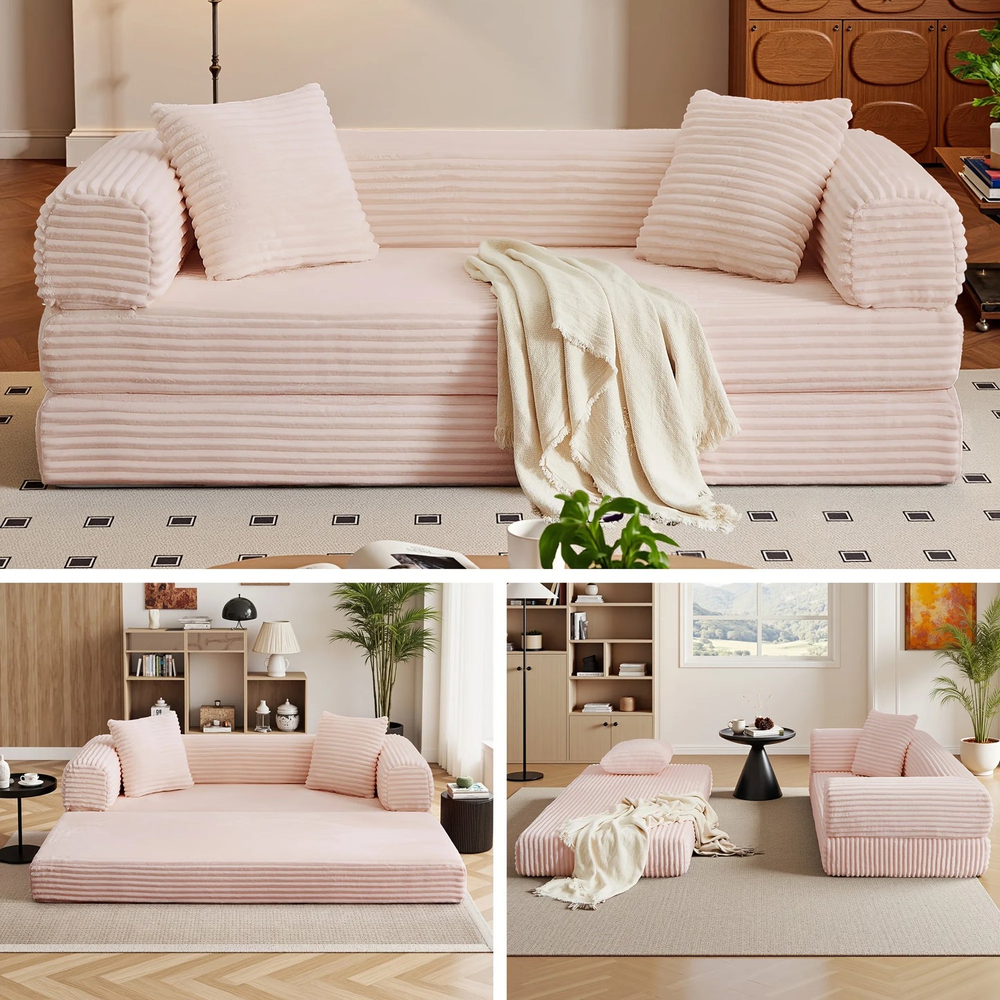 PIYRQ Sofa Bed Boneless Couch With Pull Out Sleeper And Corduroy Upholstery