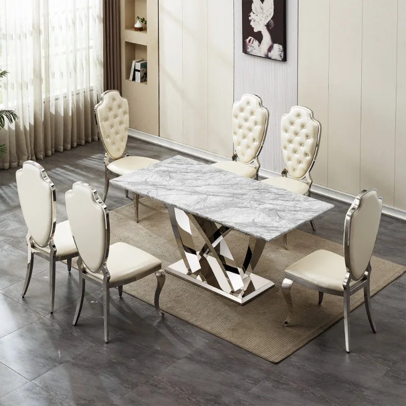 Dutrieux Luxury 6 Person Dining Table Modern Gold Legs Faux Marble