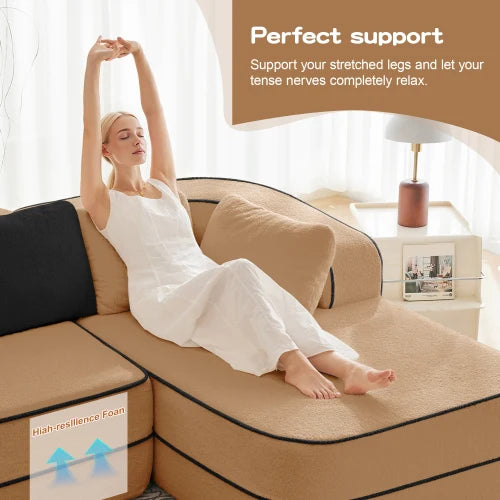 Fluffy Teddy Fabric Sleeper Sofa With Double Chaise Modern