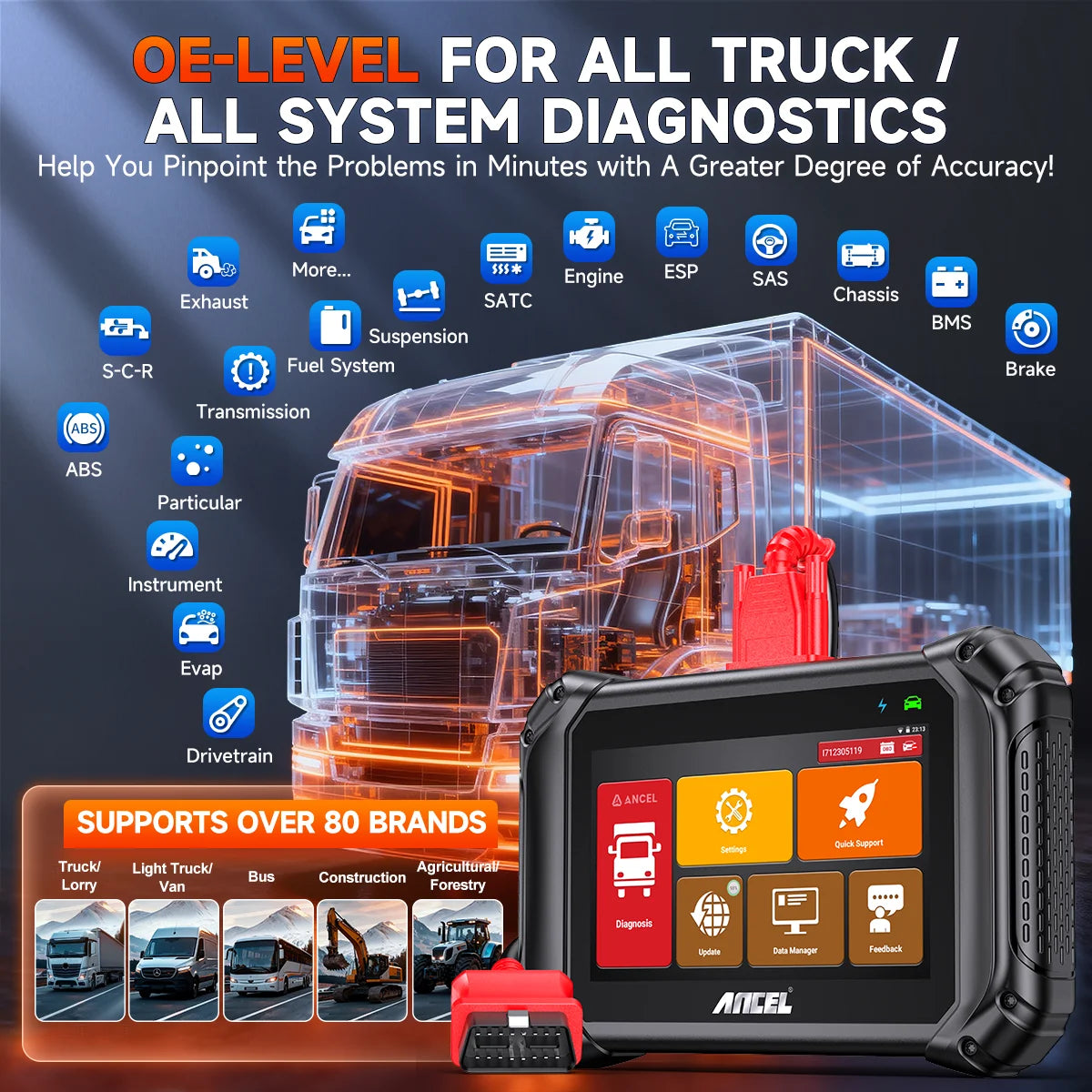 ANCEL V5 HD Heavy Duty Truck Bi Directional Diagnostic Scanner