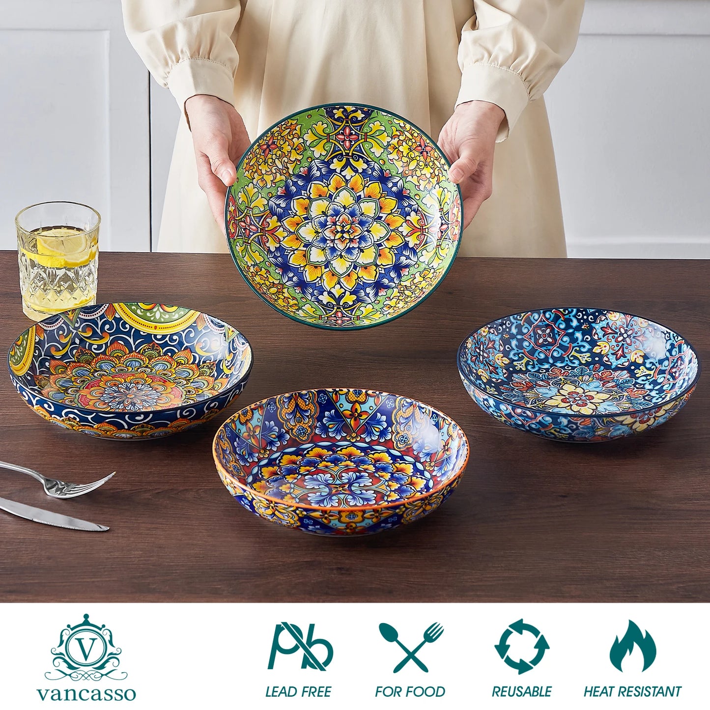 MALACASA Beautiful Floral Pattern Ceramic Soup And Pasta Bowls
