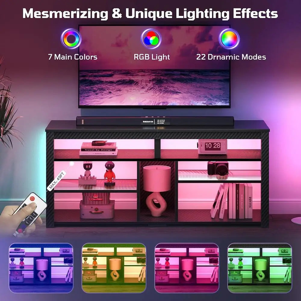 Tall TV Stand With LED Lights And Storage For Gaming Console
