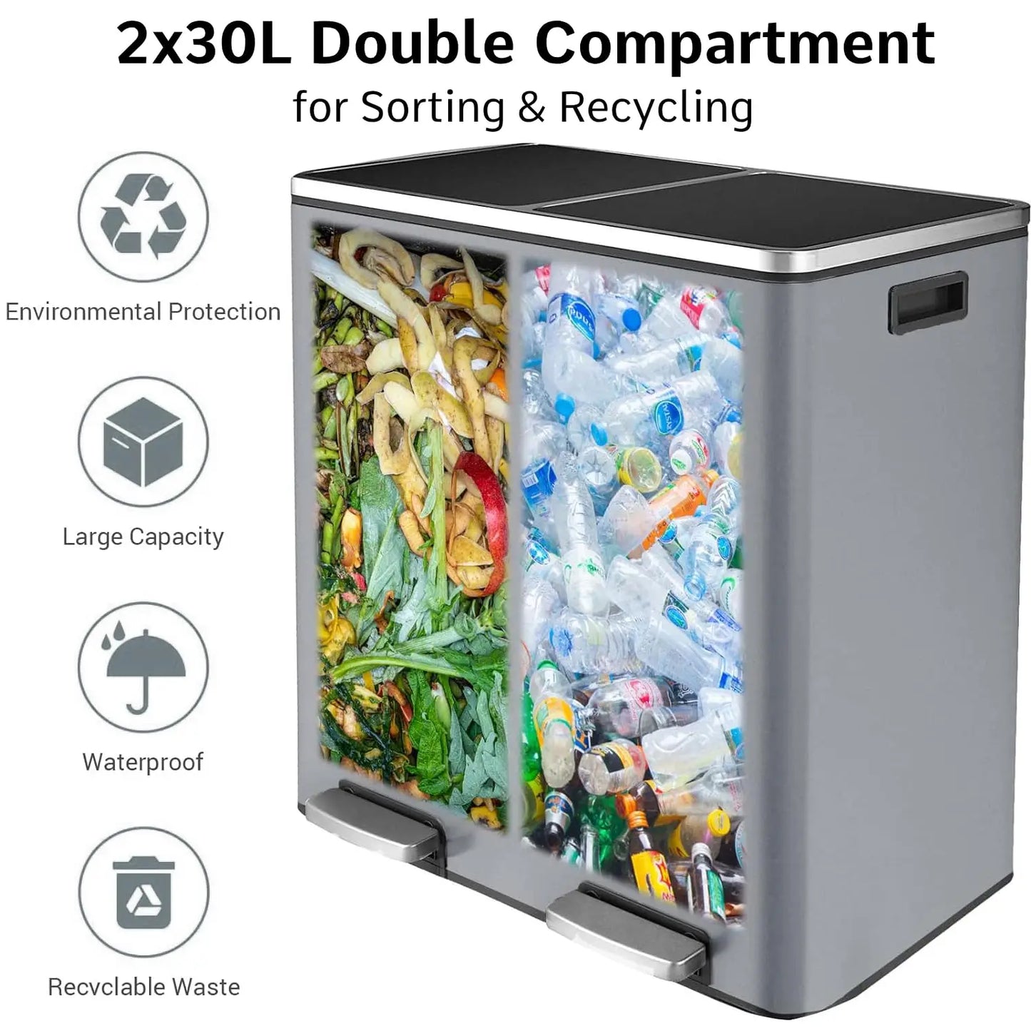 Stainless Steel Kitchen Trash Can Dual Recycling Bin With Soft Close Lid