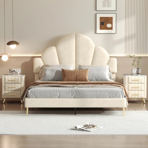 Velvet Upholstered Bed Frame With Petal Headboard And Nightstands