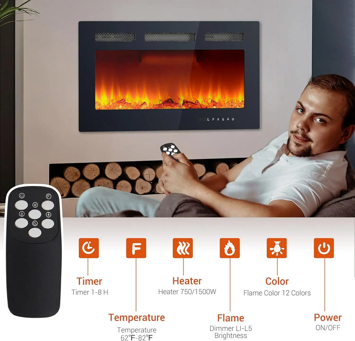 Wall Mounted Electric Fireplace Insert Heater With Remote Control