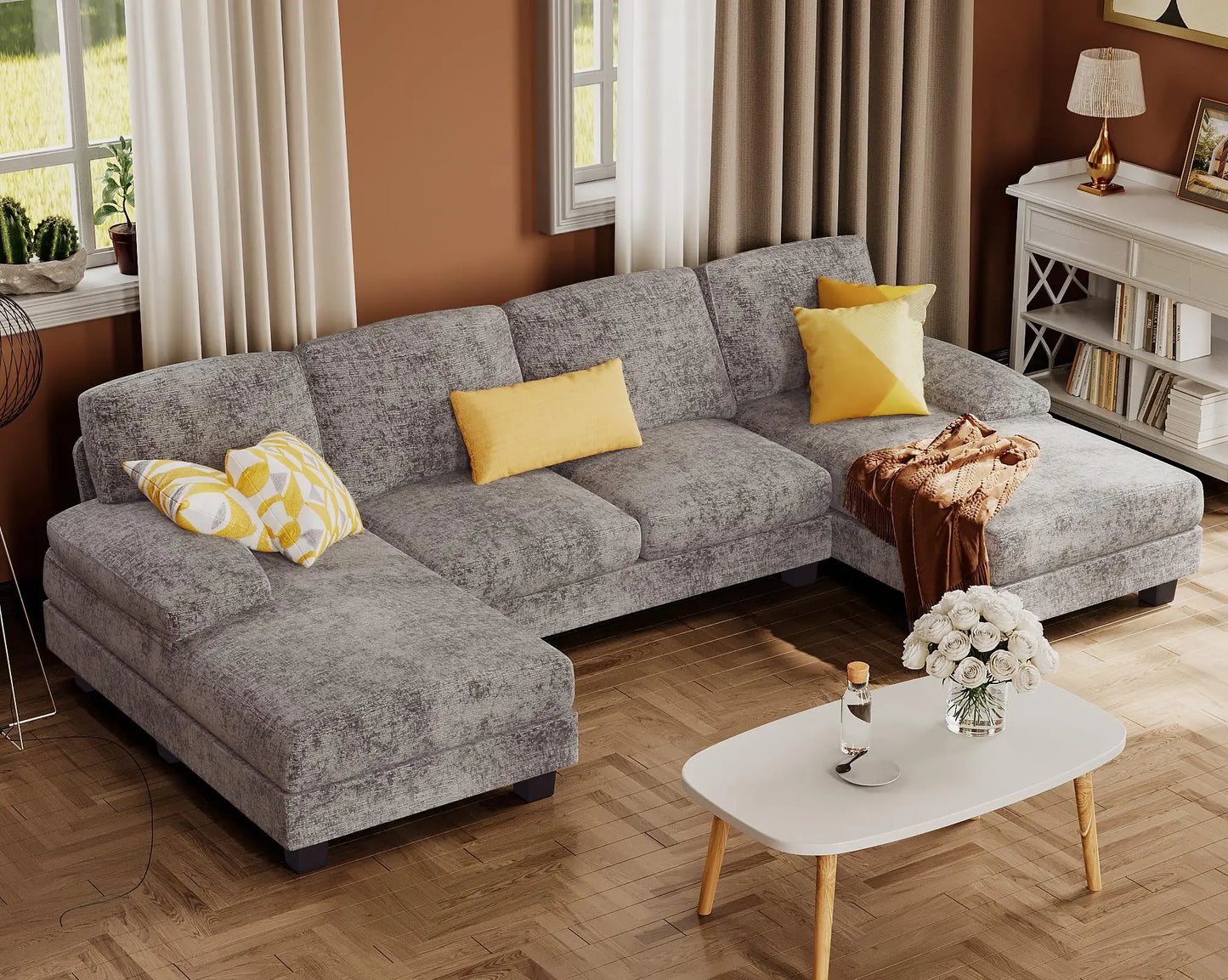 Furmax U Shaped Sectional Sofa Couch Linen Fabric Seat