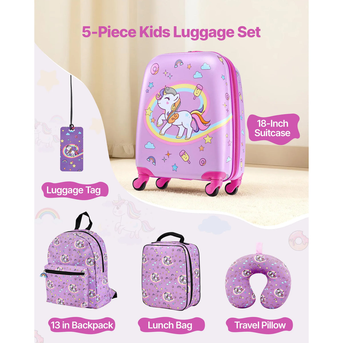 SucceBuy Unicorn Hardside Luggage Set with Backpack and Travel Pillow