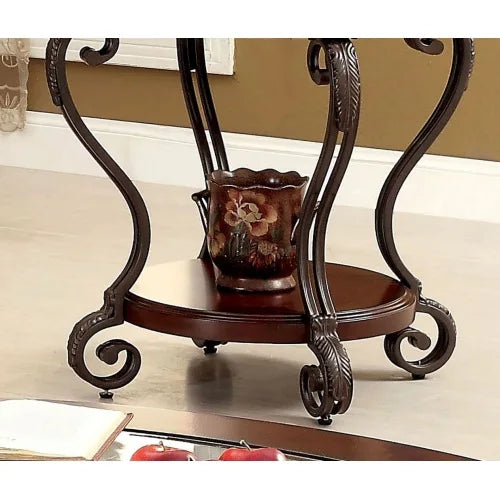 Traditional Brown Cherry End Table With Open Bottom Shelf And Ornate Scroll Legs