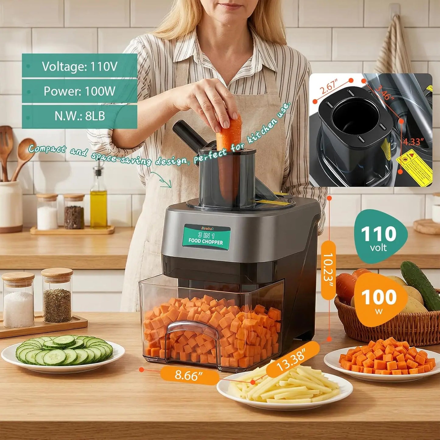 XMSJ 3 In 1 Electric Vegetable Dicer Slicer Shredder Chopper