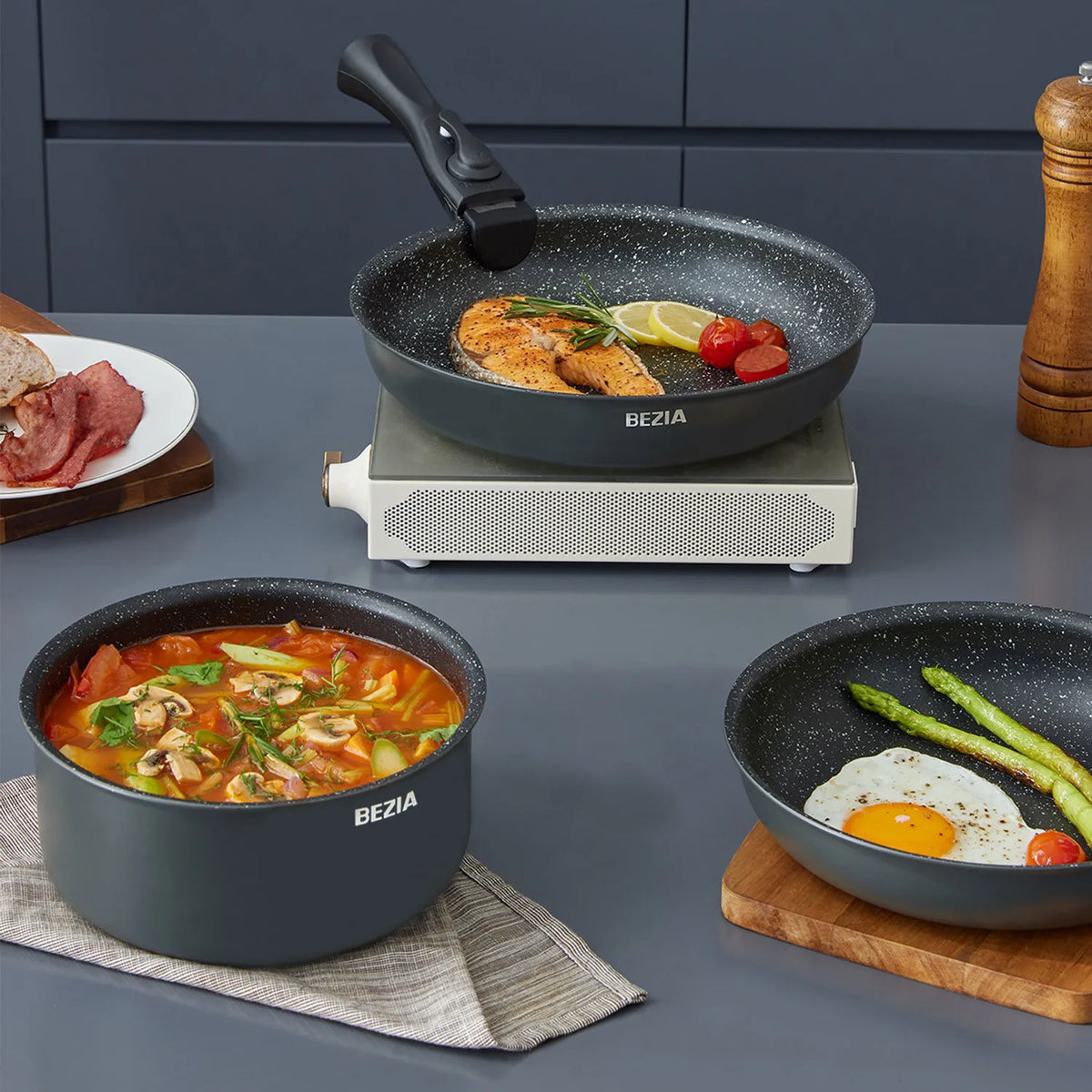 Induction Nonstick Cookware Set with Removable Handles and Stackable Design