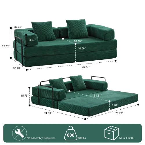 Convertible Floor Sofa Bed With Pillow Back Support And Armrests