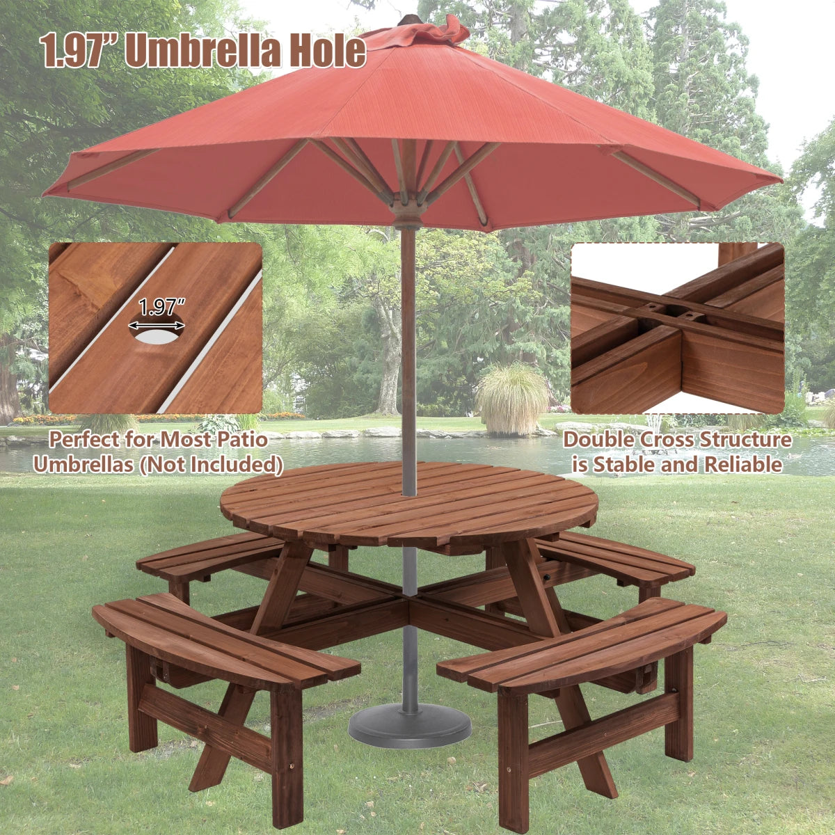 Wooden Outdoor Picnic Table With Built In Benches For Garden