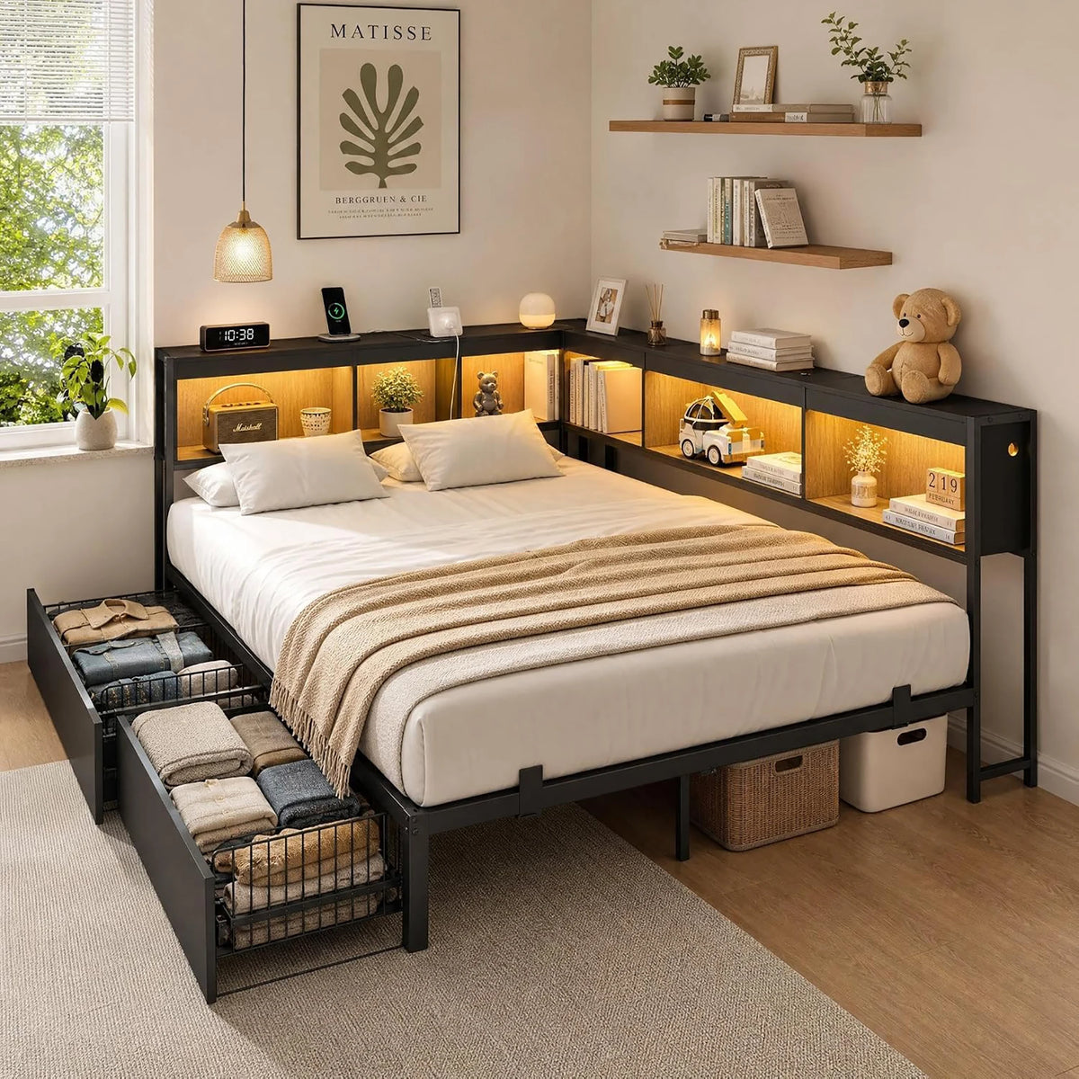 HiMISS Corner Bed Frame, Bookcase Headboard, LED Lights, Charging Station