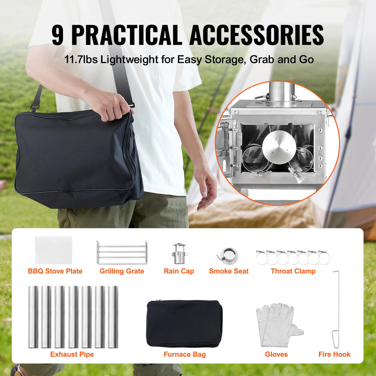 SucceBuy Portable Camping Wood Stove With Chimney Pipes And Gloves