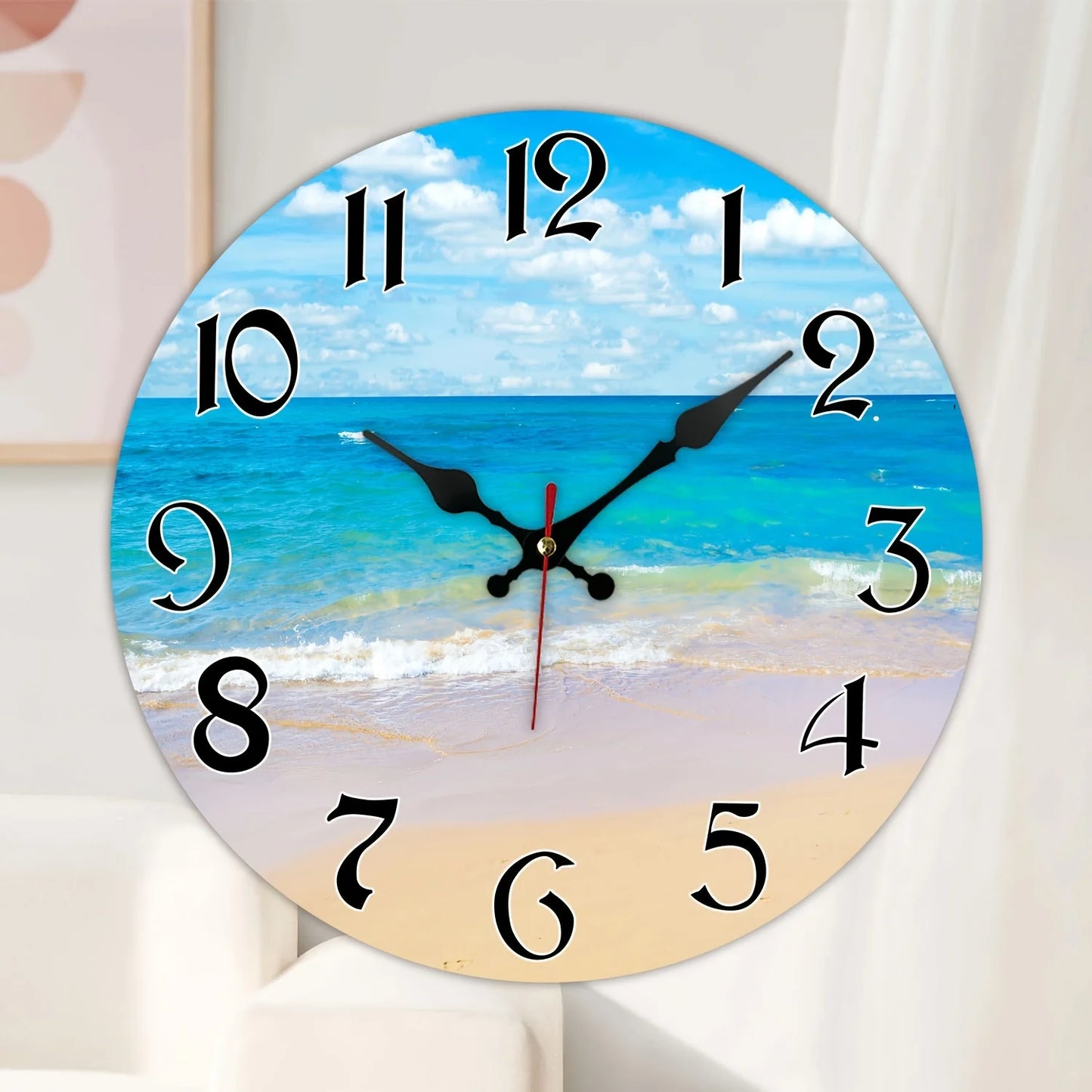 Blue Sky White Clouds Beach Themed Wall Clock Silent Battery Operated