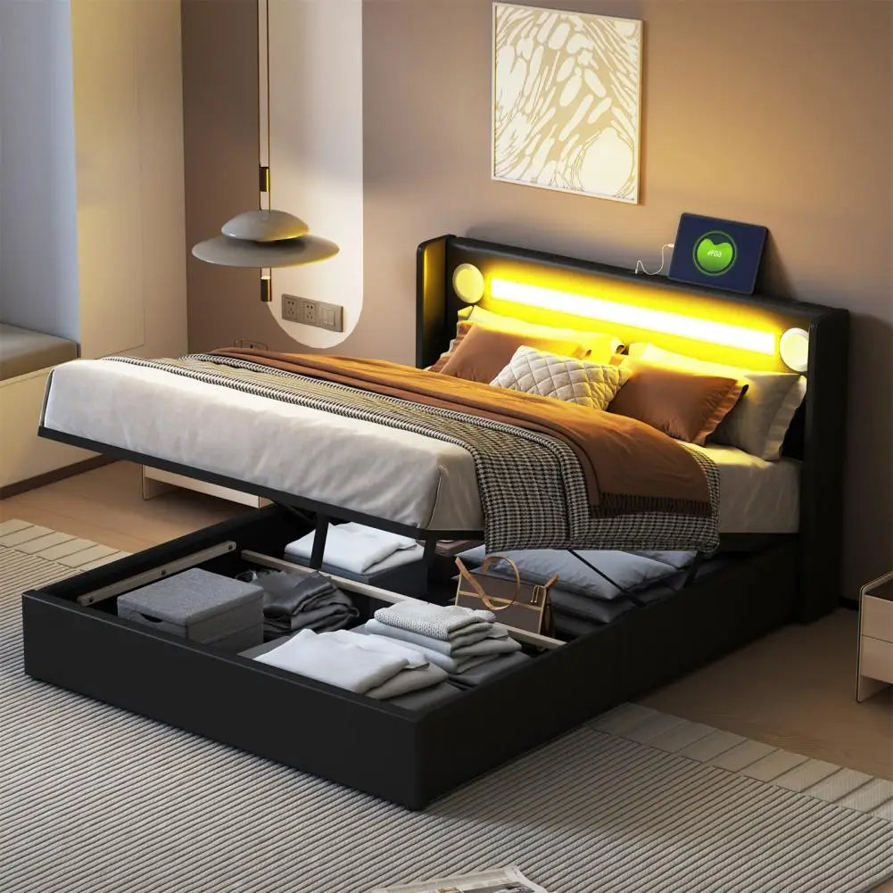 Bunk Bed With Mattress LED Light Strip Bluetooth USB Charging