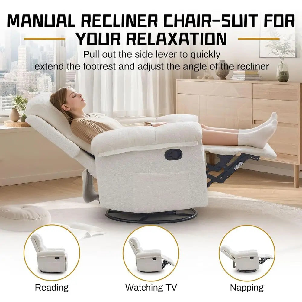 Manual Upholstered Swivel Rocker Recliner Chair For Small Spaces
