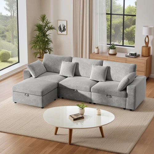 L Shaped Velvet Sofa Cloud Style With Storage Ottoman