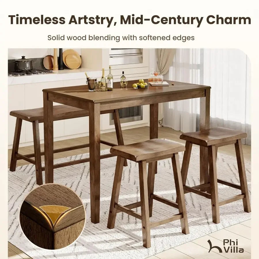 Solid Rubber Wood Counter Height Table And Chairs Set For Four Farmhouse Style