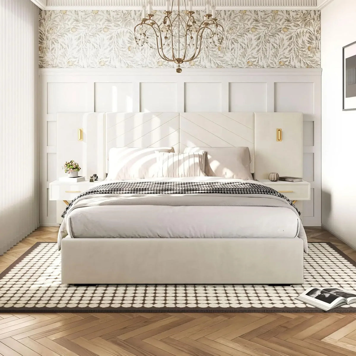 DIGGERA Upholstered Platform Bed Frame With LED Lights And Nightstands