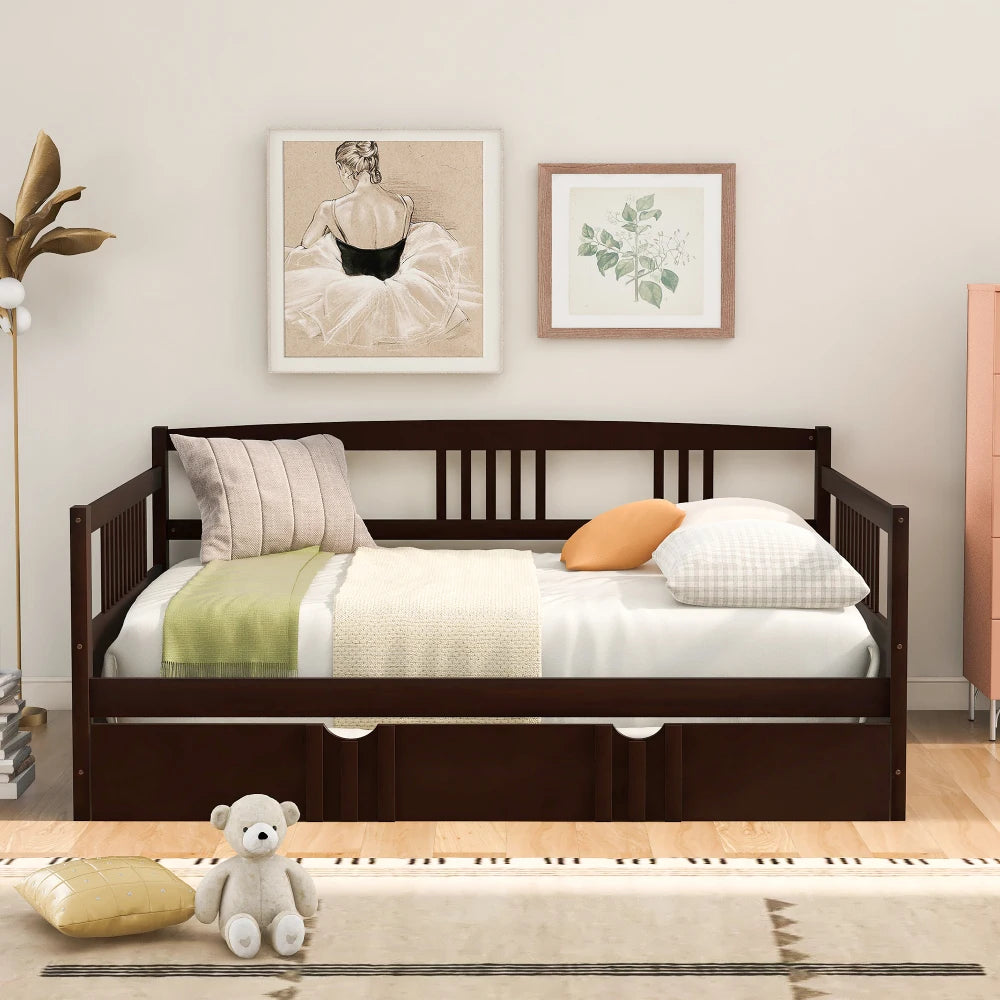 Solid Wood Daybed With Trundle Bed Frame For Bedroom
